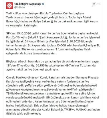 Fon Kurulu'ndan 7'nci toplantı: Tasfiye sürecindeki fon sayısı 131'den 47'e düştü