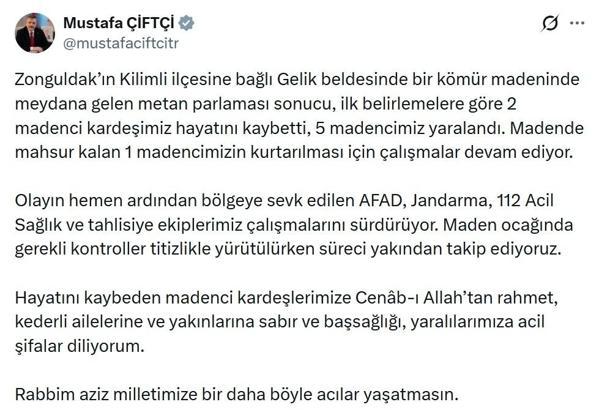 Bakan Çifti'den Zonguldak'taki maden kazasına ilişkin açıklama; Süreci takip ediyoruz