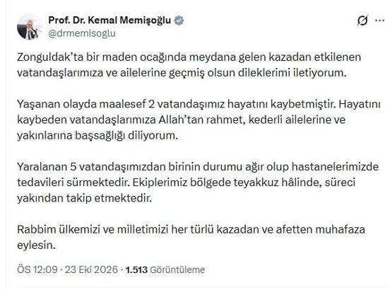 Bakan Memişoğlu'ndan Zonguldak'taki maden kazasına ilişkin açıklama