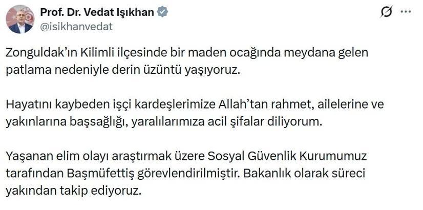 Bakan Işıkhan: Madendeki patlamayla ilgili başmüfettiş görevlendirildi