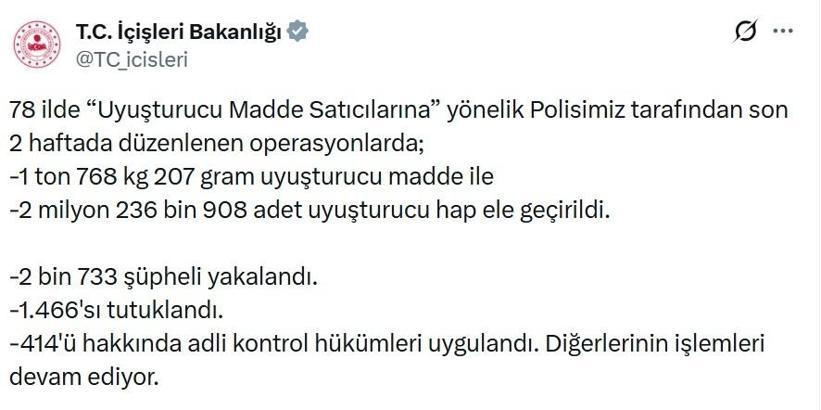 78 ilde uyuşturucu operasyonu: 1466 tutuklama
