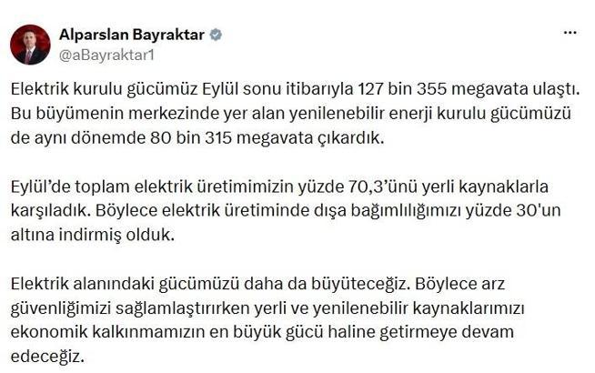 Türkiye'nin elektrik kurulu gücü 127 bin 355 megavata ulaştı