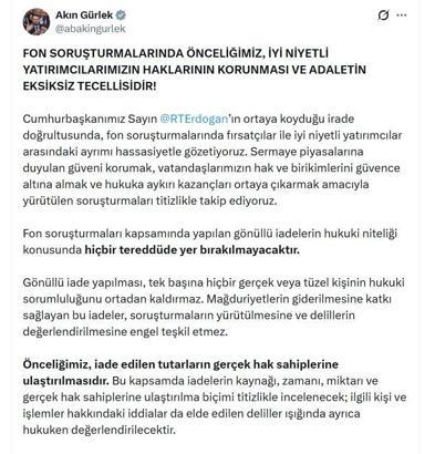 Bakan Gürlek: Önceliğimiz, iade edilen tutarların gerçek hak sahiplerine ulaştırılmasıdır