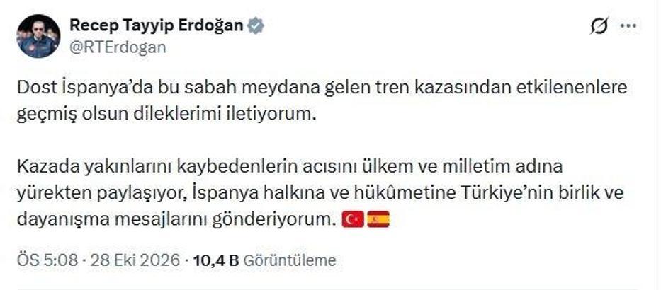 Cumhurbaşkanı Erdoğan'dan İspanya'ya geçmiş olsun mesajı