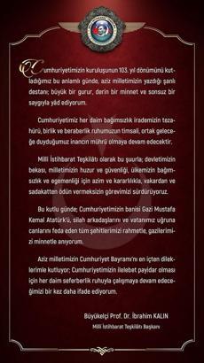 MİT Başkanı Kalın'dan Cumhuriyet Bayramı mesajı