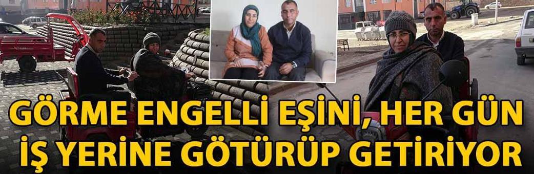Görme engelli eşini, her gün iş yerine götürüp getiriyor
