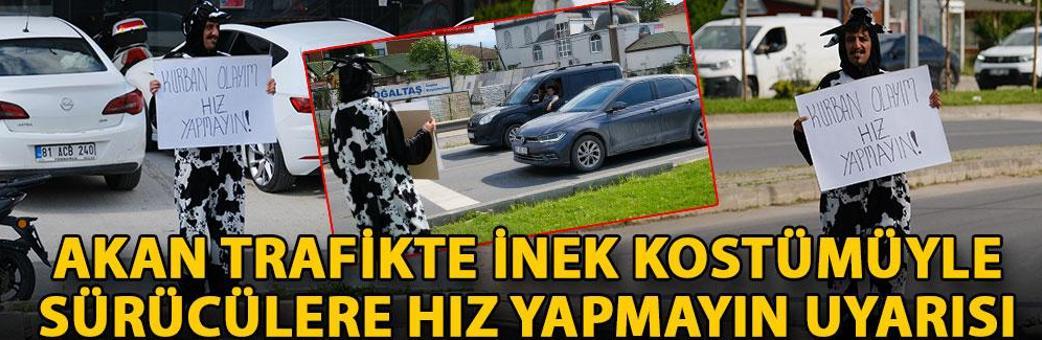 Akan trafikte inek kostümüyle sürücülere hız yapmayın uyarısı