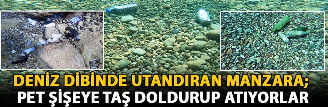 Deniz dibinde utandıran manzara; pet şişeye taş doldurup atıyorlar