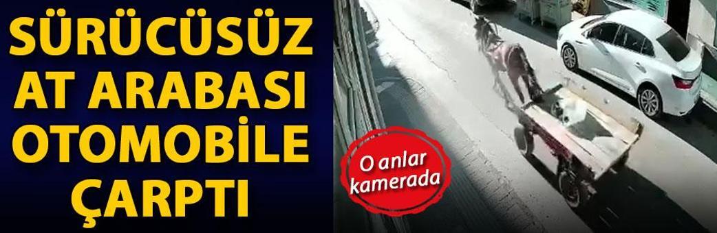 Sürücüsüz at arabası, otomobile çarptı; o anlar kamerada