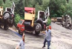 Trabzon'da sel suları, beton pompası ile kamyonu dereye böyle sürükledi