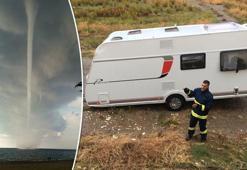 Hortum, karavanı ve yanında duran kişiyi 15 metre uçurdu