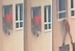 Okuldan kaçmaya çalışan öğrencinin pencereden düşme anı