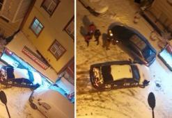 Kağıthane'de buzda kayan otomobil sokağı birbirine kattı