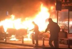 Ataşehir'de korku dolu anlar, alev topuna dönen taksi kendiliğinden hareket etti