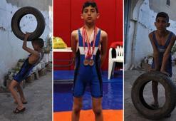 Otomobil lastiği ile antrenman yapan Mustafa, güreşte Türkiye üçüncüsü oldu