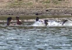 Tehlikeli uyarısına aldırmadan gölde yüzdüler
