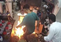 Lavaboya dökülen aseton parlayınca yangın çıktı; o anlar kamerada