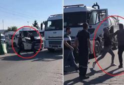 Servis ve kamyon şoförlerinin sopalı 'yol verme' kavgası kamerada