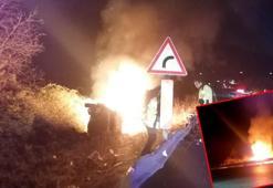 Şarampole devrilen hafif ticari aracın alev topuna döndüğü anlar kamerada