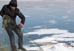 Yüzeyi buz tutan Çıldır Gölü'ne bırakılan ağlar, toplanmaya başladı