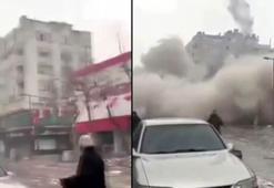 6 katlı bina yıkılırken bacasından çıkan duman dikkat çekti