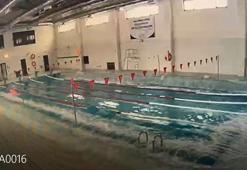 Depremde yüzme havuzu beşik gibi sallandı, sular taştı; o anlar kamerada