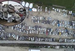 Deprem sonrası üst üste konulan hurda araçlar, havadan görüntülendi