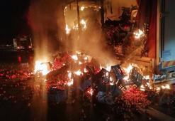 Domates yüklü kamyonun kasası yandı