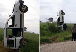 Takla atan araç dik durdu; sürücünün oğlu yaralandı