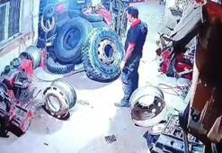 Kompresörle hava basılan kamyon lastiği patladı, o anlar kamerada