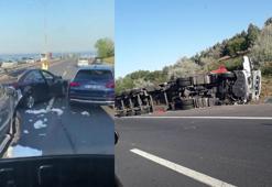 Büyükçekmece'de yün yüklü TIR devrildi