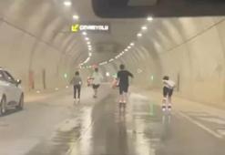 Çamlıca Tüneli'nde patenli gençlerin tehlikeli yolculuğu