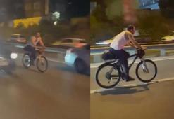 Şile Otoyolu'nda bisikletlinin tehlikeli yolculuğu