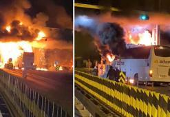 Gişelerde beton bariyere çarpan yolcu otobüsü alev aldı: 6 yaralı