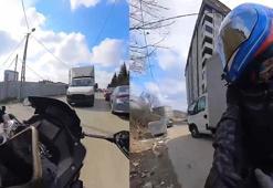 Sancaktepe'de park halindeki kamyonet yokuştan kaydı, motosikletli ölümden döndü