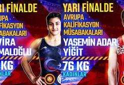 Milli güreşçiler Yasemin Adar ile Elvira Kamaloğlu, Bakü'deki kota mücadelesinde yarı finalde