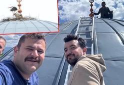 Cami kubbesine çıkıp leyleklere yuva kurdular, adlarını 'Nilüfer' ve 'Doğan' koydular