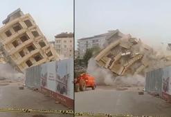 Ağır hasarlı 6 katlı bina yıkılırken çöktü