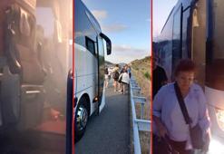 Yangın çıkan otobüsle yola devam ettiler
