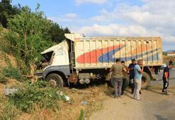 Freni boşalan kamyon yol kenarındaki ağaçlara çarparak durabildi: 2 yaralı