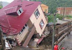 Giresun'da sağanak; 2 katlı ev yan yattı