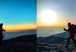 Uludağ’ın zirvesinde gün doğumu; güneş ve ayı aynı anda görüntülediler