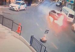 Kağıthane'de korku dolu anlar: Alev alan araçla metrelerce ilerledi