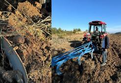 Tarlayı süren çiftçinin traktörünün pulluğuna el bombası takıldı