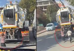 Çocukların vidanjör arkasındaki tehlikeli yolculuğu kamerada