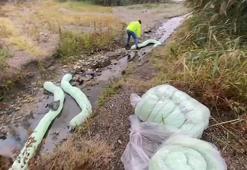 Akaryakıtın göle karışmaması için emici bariyerle önlem