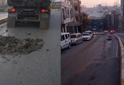 Kağıthane’de hafriyat kamyonu yola çamur dökerek ilerledi; motosikletli kaza atlattı