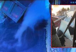 Kağıthane’de asfalt döken kamyonun damperi devrilip balkona girdi; ölümden saniyelerle kurtuldu