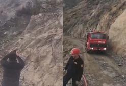 Riskli kayalara itfaiyeden 'yapay heyelan'lı müdahale