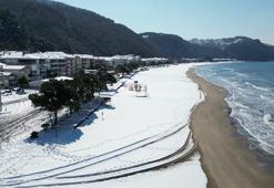 Mavi bayraklı plaj beyaza büründü